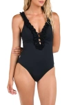 La Blanca Ruffle Plunge One-piece Swimsuit In Black