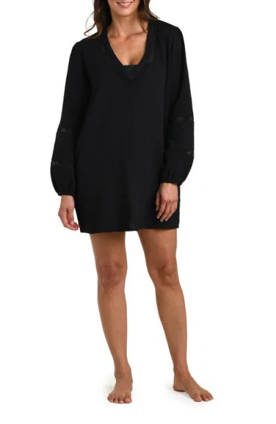 La Blanca Seaside Lace Inset Long Sleeve Cotton Cover-up Dress In Black
