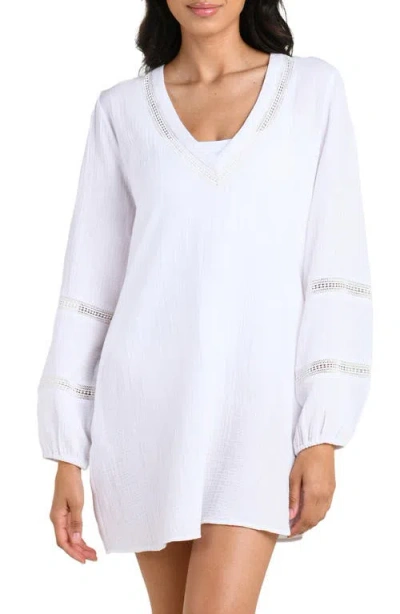 La Blanca Seaside Lace Inset Long Sleeve Cotton Cover-up Dress In White