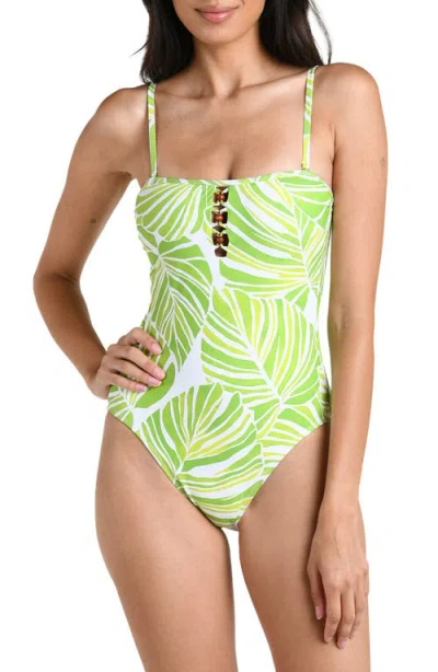 La Blanca Serene Palm Beaded Bandeau One-piece Swimsuit In Green