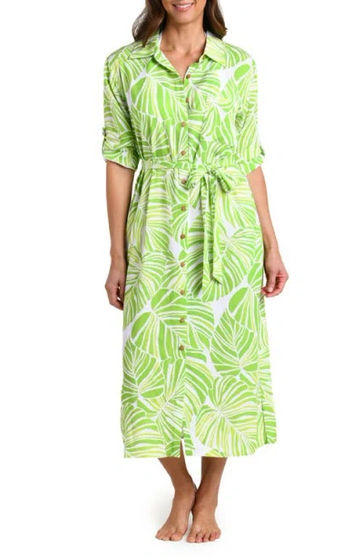 La Blanca Serene Palm Roll Tab Cuff Long Sleeve Cover-up Shirtdress In Green