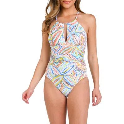 LA BLANCA LA BLANCA SUNBAKED JEWELS HIGH NECK KEYHOLE ONE-PIECE SWIMSUIT