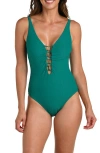 La Blanca Textured Tides Lace-up Plunge One-piece Swimsuit In Green