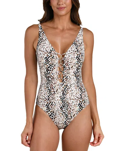 LA BLANCA WILD WHISPERS PLUNGE NECK ONE PIECE SWIMSUIT