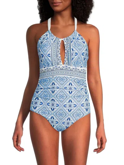 La Blanca Women's Breeze Print One Piece Swimsuit In Capri Blue