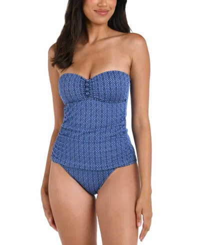 La Blanca Womens Charmed Coast Printed Bandeau Tankini Top Mid Rise Bikini Bottoms In Chambray Blue
