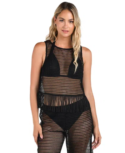 La Blanca Women's Fringe-trim Sheer Tank Top In Black