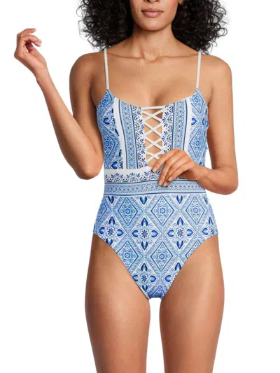 La Blanca Women's Geometric One Piece Swimsuit In Capri Blue