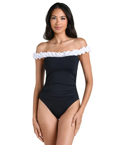 La Blanca Women's Island Goddess Ruffle Off-the-shoulder One-piece Swimsuit In Black And White