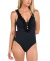 La Blanca Ruffle Plunge One-piece Swimsuit In Black