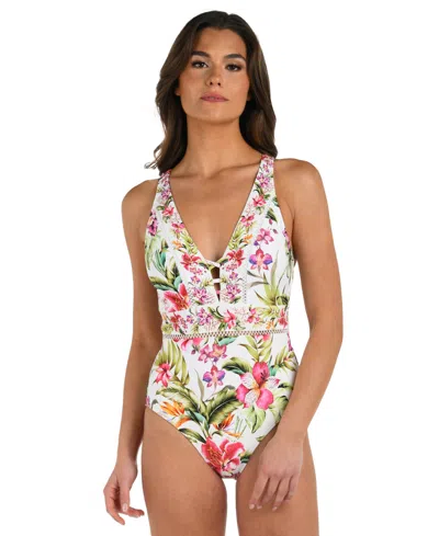La Blanca Polynesian Plunge One Piece Swimsuit In Multi