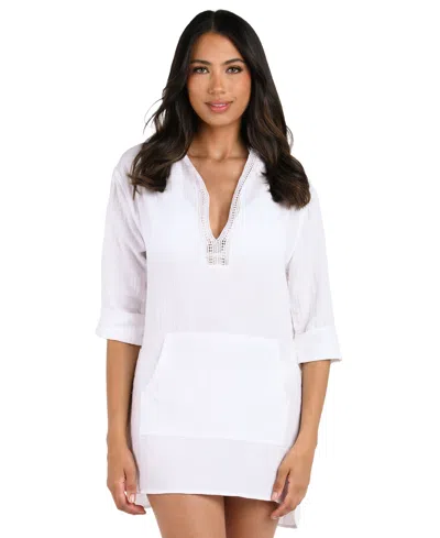 La Blanca Women's Seaside Hoodie With Kangaroo Pocket & Crochet Edging Detail Cover-up In White