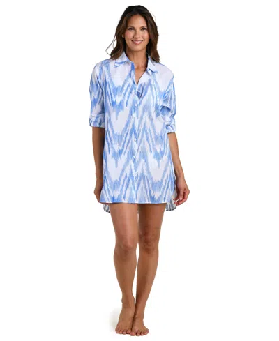 La Blanca Tidal Wave Button-up Cotton Cover-up Shirt In Blue
