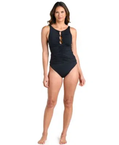 La Blanca Womens Island Goddess High Neck Tankini Top Shirred Banded Hipster Bikini Bottoms In Violet