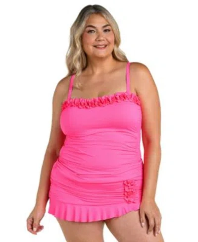 La Blanca Womens Plus Size Island Goddess Ruffle Bandeau Tankini Top Ruffle Skirt In Bright Pink