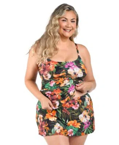 La Blanca Womens Plus Size Tropical Hideaway Lingerie Strap Tankini Top Flowy Skirt In Multi