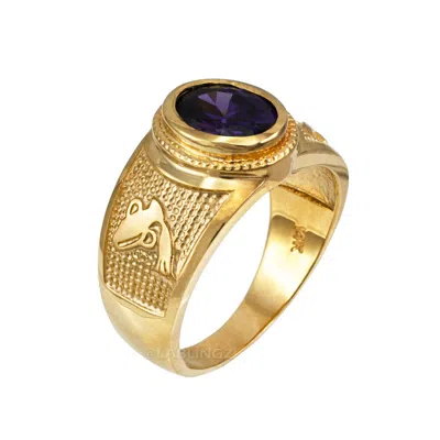 Pre-owned La Blingz 10k Gold Aquarius Zodiac Sign February Birthstone Purple Cz Ring In Yellow Gold