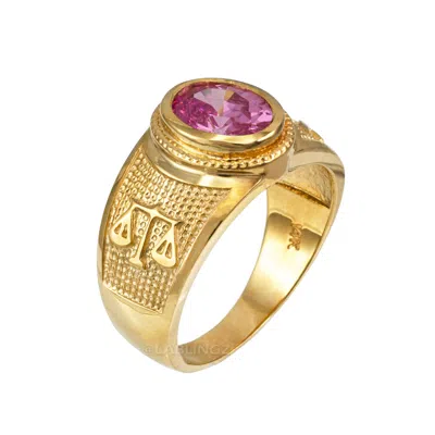 Pre-owned La Blingz 10k Gold Libra Zodiac Sign October Birthstone Pink Cz Ring In Yellow Gold