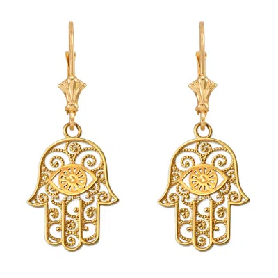 Pre-owned La Blingz 14k Yellow Gold Filigree Hamsa Evil Eye Earrings