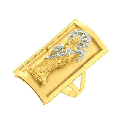 Pre-owned La Blingz Gold Santa Muerte Grim Reaper Fancy Ring 1.2" In Yellow Gold