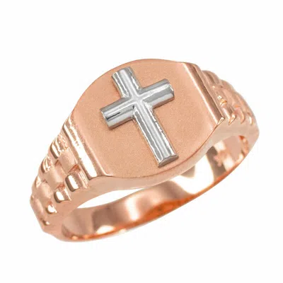Pre-owned La Blingz Mens Gold Cross Ring In Rose Gold