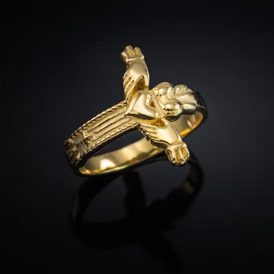 Pre-owned La Blingz Solid Gold Irish Claddagh Cross Ring In Yellow Gold