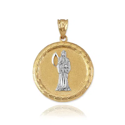 Pre-owned La Blingz Two-tone Yellow Gold Santa Muerte Medallion Pendant Necklace