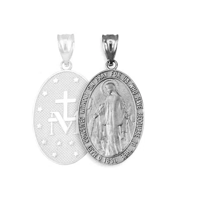 Pre-owned La Blingz White Gold Virgin Mary Conceived Without Sin Oval Satin Pendant Necklace