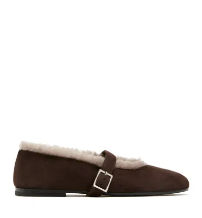 La Canadienne Elegant Shearling Lined Suede Flat In Brunette