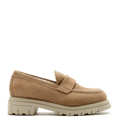 La Canadienne Devin Suede Shearling Penny Loafers In Biscotti