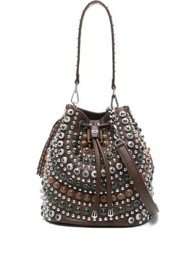 La Carrie Andromeda Studded Drawstring Bucket Bag In Brown