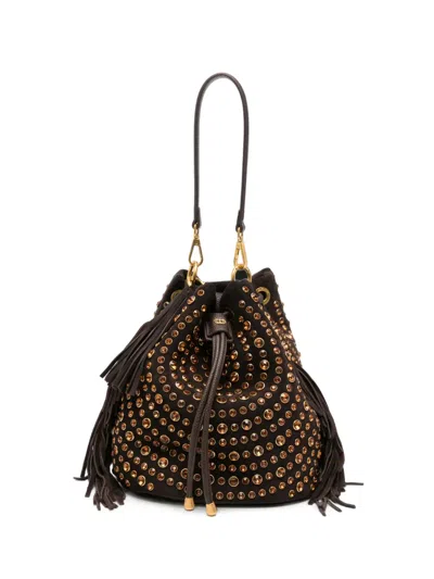 La Carrie Andromeda Studded Fringed Bucket Bag In Red