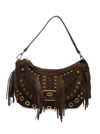 La Carrie Apallosa Fringed Studded Tote Bag In Brown