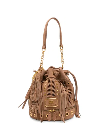La Carrie Apallosa Fringed Stud-embellished Bucket Bag In Brown