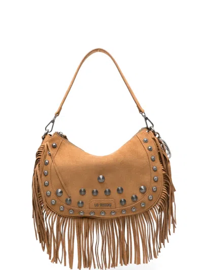 La Carrie Aztec Fringe Studded Suede Shoulder Bag In Brown