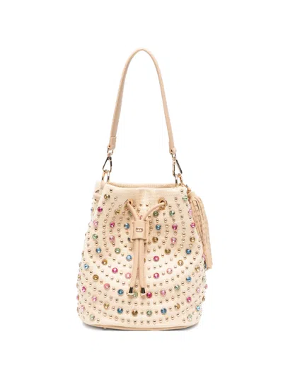 La Carrie Crystal-embellished Studded Bucket Bag In Neutral