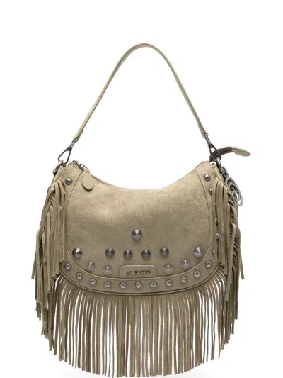 La Carrie Fringe Studded Shoulder Bag In Green