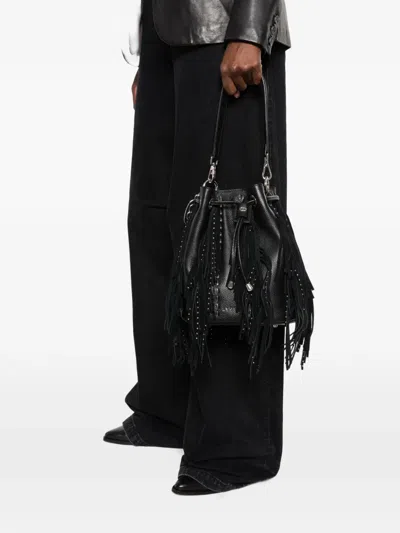 La Carrie Fringe-detail Studded Bucket Bag In Black