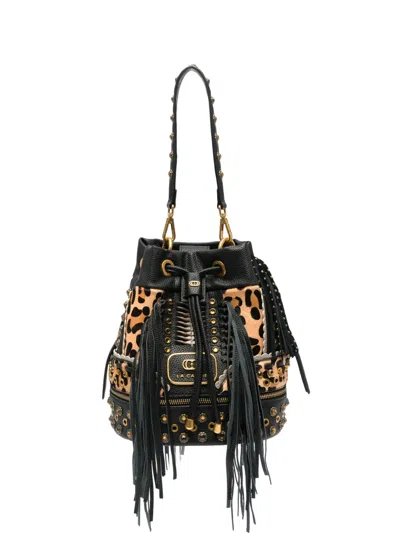 La Carrie Jungle Leopard-print Studded Bucket Bag In Pink