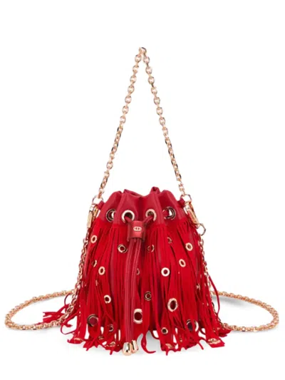 La Carrie Mini Fringed Bucket Bag In Red