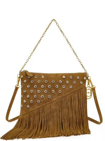 La Carrie Crystal-embellished Fringed Shoulder Bag In Brown