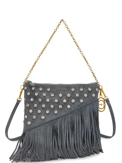 La Carrie Crystal-embellished Fringed Shoulder Bag In Gray