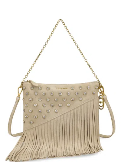 La Carrie Crystal-embellished Fringed Shoulder Bag In Nude