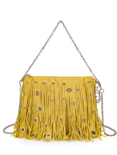 La Carrie Fringed Eyelet-embellished Shoulder Bag In Yellow