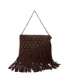 La Carrie Rectangular Brown Suede-like Shoulder Bag With Fringe Detail In Multi