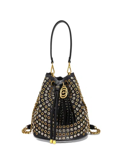 La Carrie Small Studded Drawstring Bucket Bag In Black