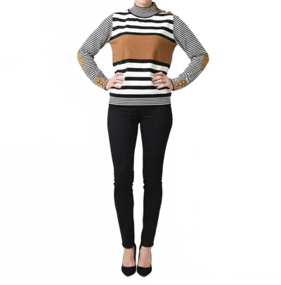 La Chic Designs Striped Mock Neck Knit Sweater In Black/white/brown In Multi