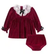 La Coqueta Baby Lace-trimmed Velvet Dress And Bloomers Set In Burgundy