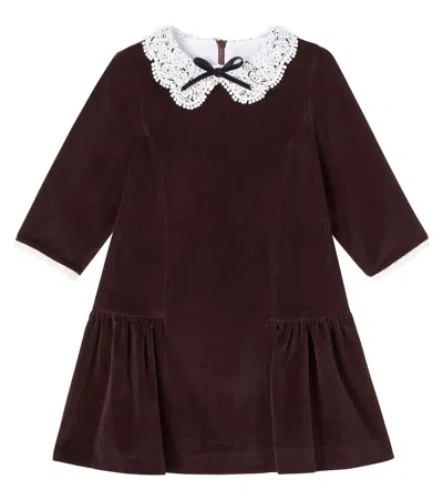 La Coqueta Kids' Bow-detail Velvet And Broderie Anglaise Dress In Brown