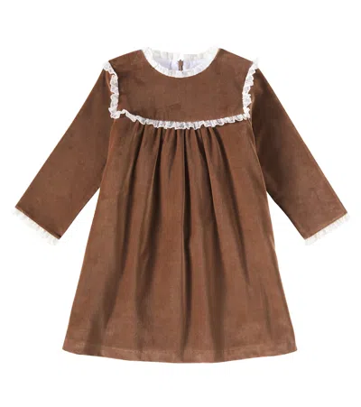 La Coqueta Kids' Carolina Cotton Velvet Dress In Beige